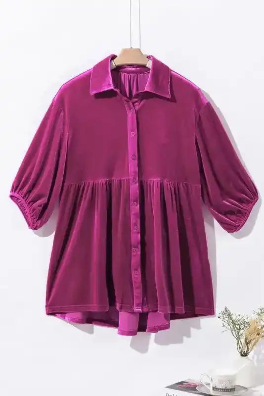 Velvet Babydoll Tunic Shirt on hanger with puff sleeves and collared neckline, ideal for fall fashion in the Blouses & Shirts category.