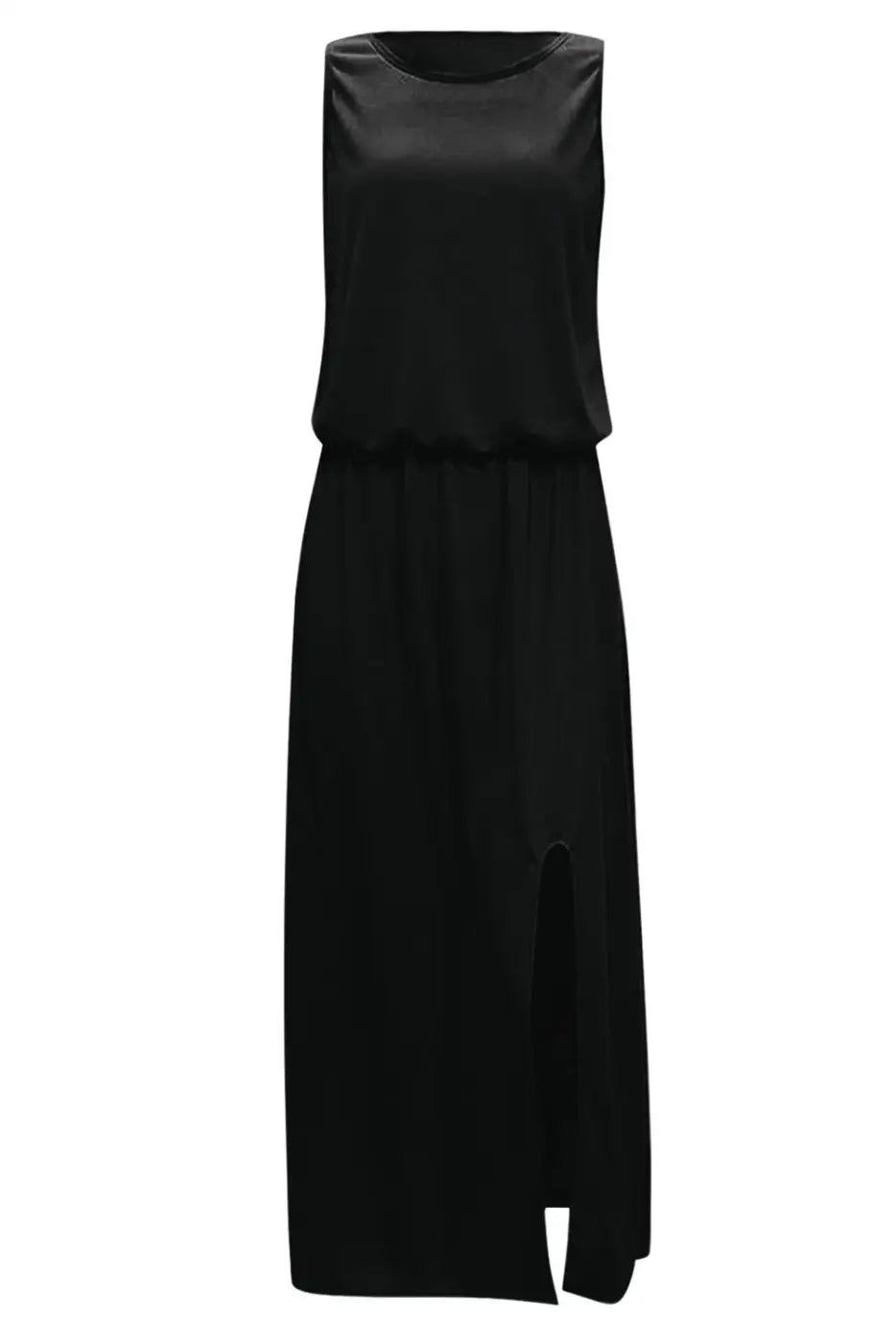Tunic maxi dress - black solid sleeveless split - dresses