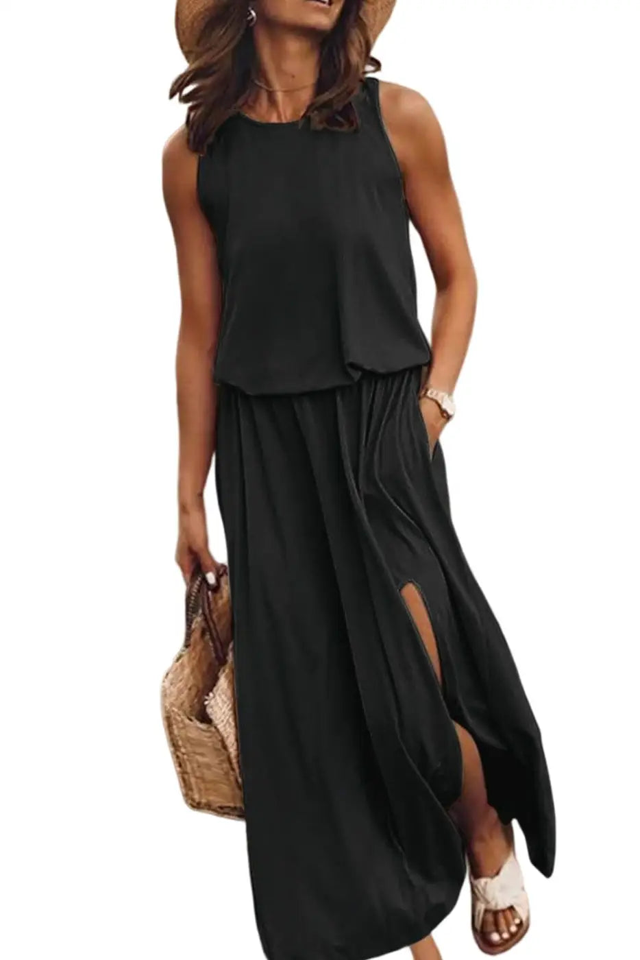 Tunic maxi dress - black solid sleeveless split - dresses