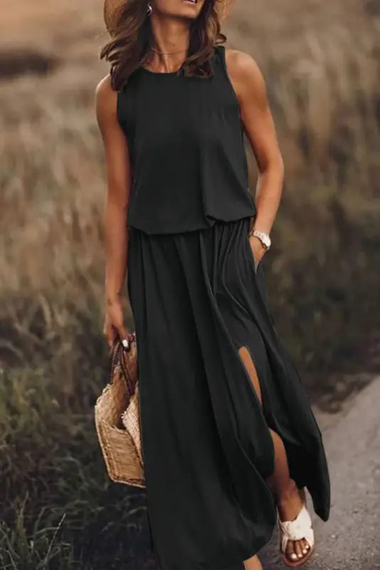 Tunic maxi dress - black solid sleeveless split - s / 60% polyester + 35% viscose + 5% elastane - dresses