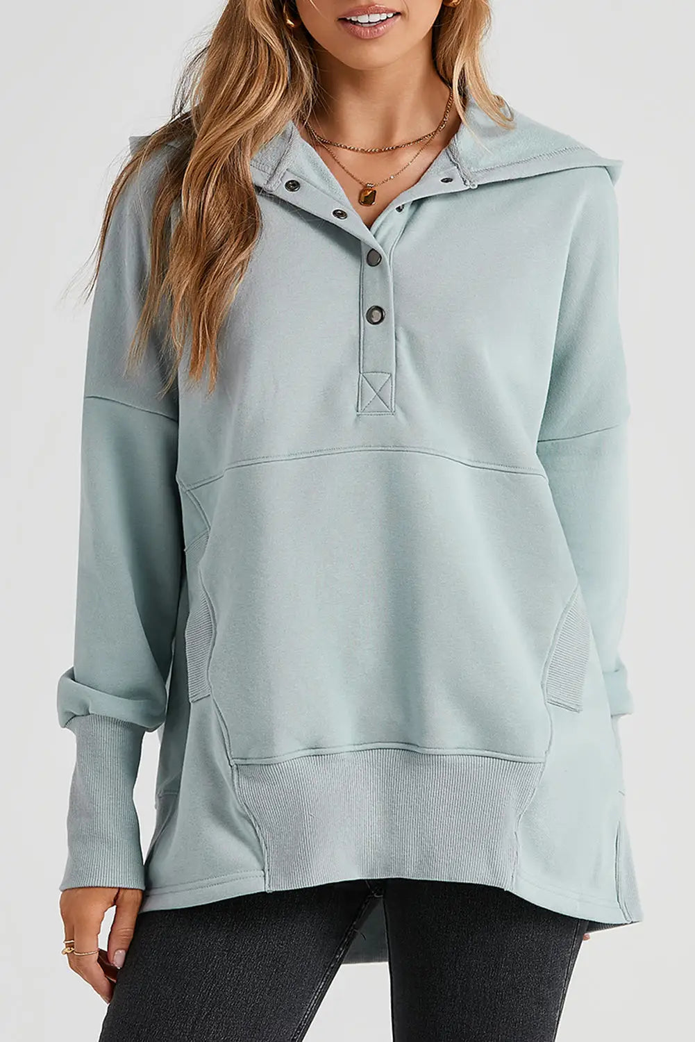Turquoise batwing sleeve pocketed henley hoodie - gray / s /