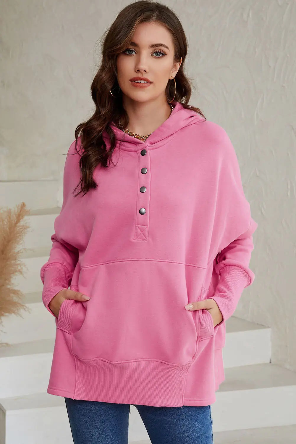 Turquoise batwing sleeve pocketed henley hoodie - pink / s /