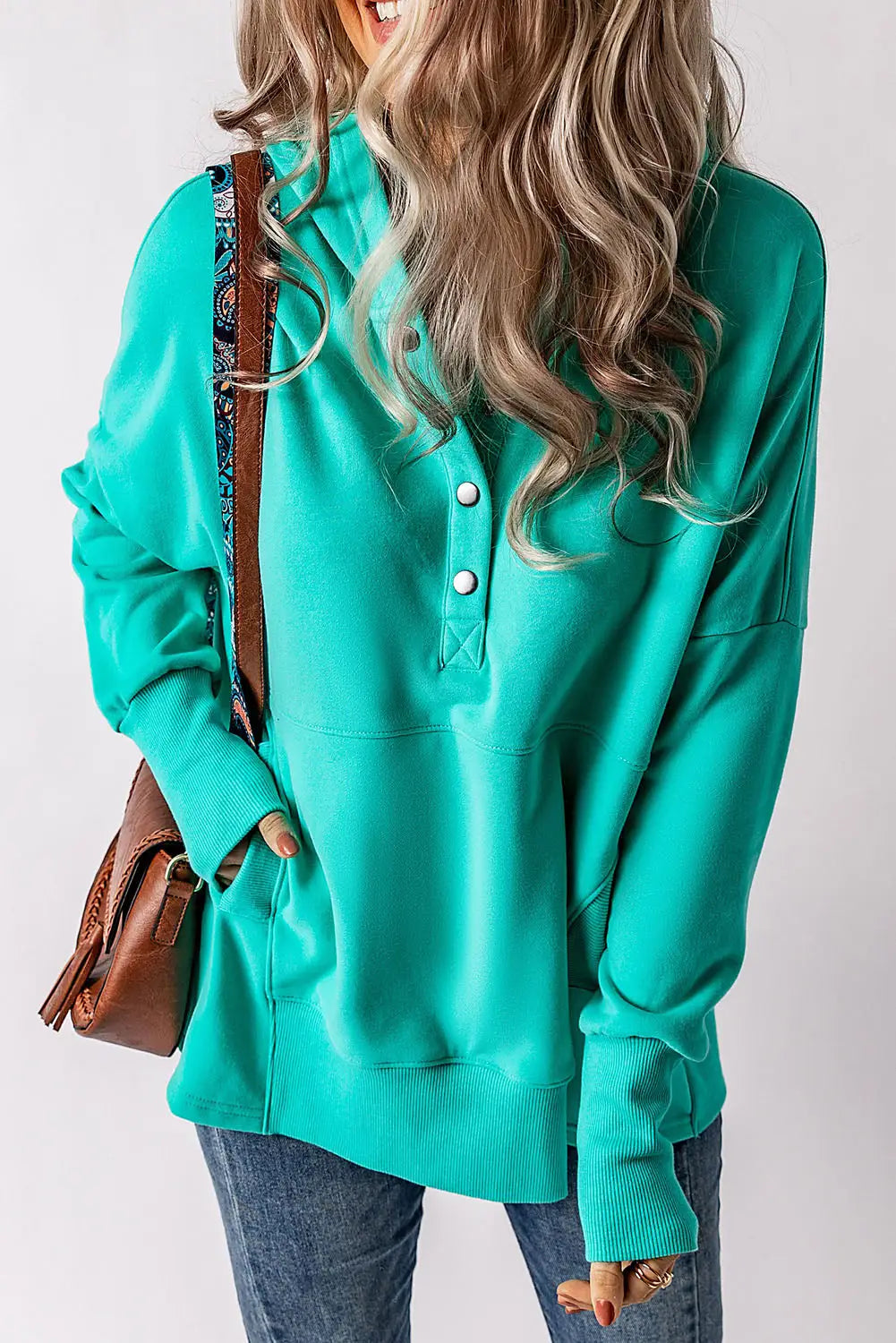 Turquoise batwing sleeve pocketed henley hoodie - sky blue /