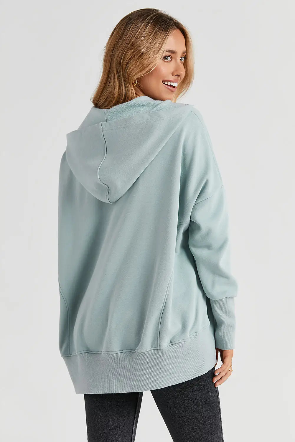 Turquoise batwing sleeve pocketed henley hoodie - sweatshirts & hoodies