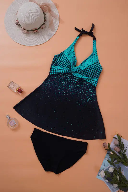 Turquoise dot print halterneck tankini set - tankinis