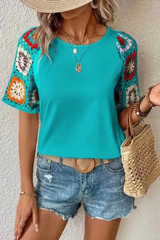 Turquoise Floral Crochet Short Sleeve Top - Fashionfitz