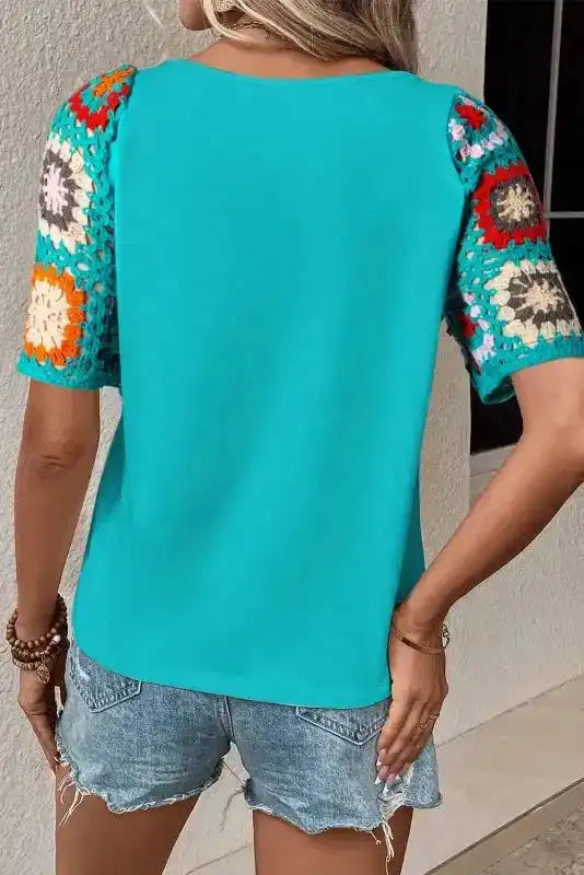 Turquoise Floral Crochet Short Sleeve Top - Fashionfitz