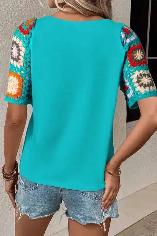Turquoise Floral Crochet Short Sleeve Top - Fashionfitz