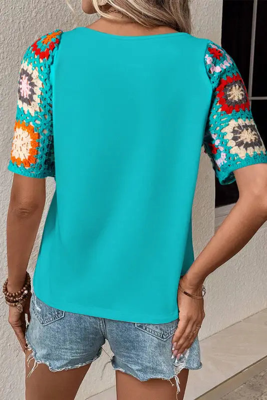 Turquoise floral crochet short sleeve top - t-shirts