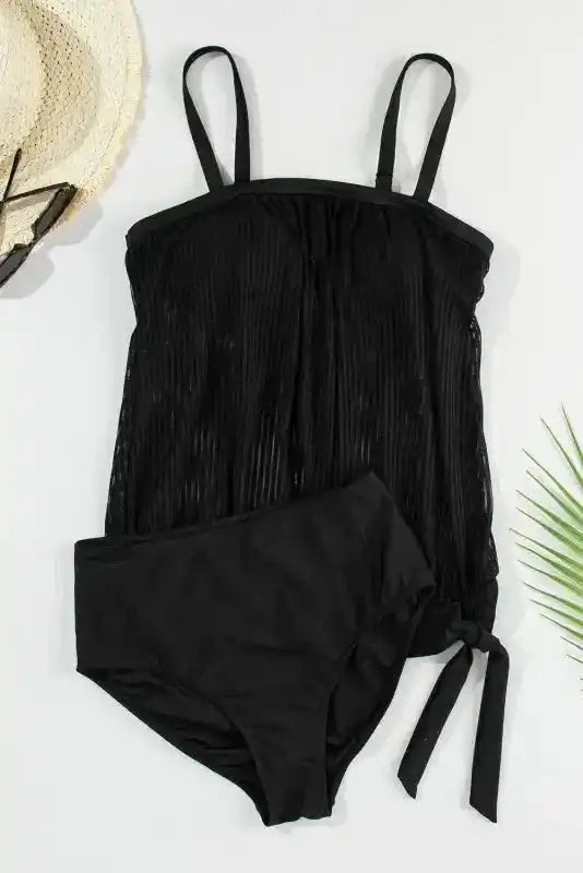 Turquoise Striped Mesh Tankini Swimsuit - Fashionfitz