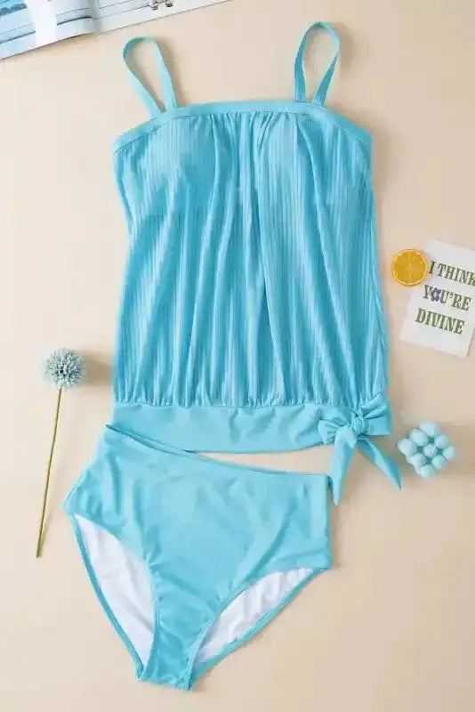 Turquoise Striped Mesh Tankini Swimsuit - Fashionfitz
