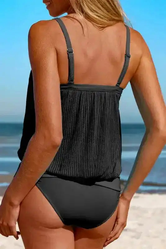 Turquoise Striped Mesh Tankini Swimsuit - Fashionfitz