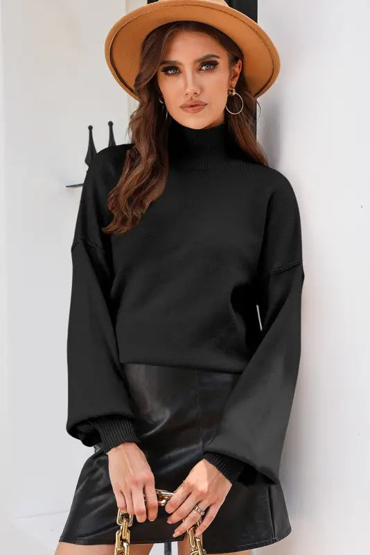 Black turtleneck drop shoulder bubble sleeve knit sweater - sweaters & cardigans