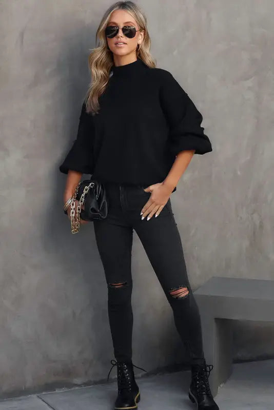 Black turtleneck drop shoulder bubble sleeve knit sweater - sweaters & cardigans