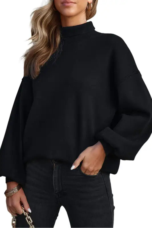 Black turtleneck drop shoulder bubble sleeve knit sweater - sweaters & cardigans