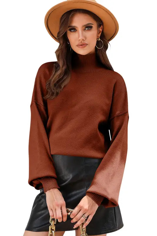 Black turtleneck drop shoulder bubble sleeve knit sweater - sweaters & cardigans