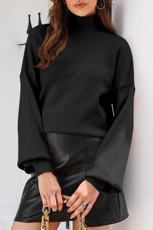 Black turtleneck drop shoulder bubble sleeve knit sweater - sweaters & cardigans