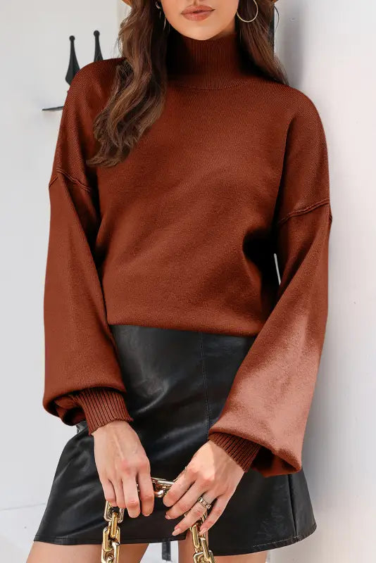 Black turtleneck drop shoulder bubble sleeve knit sweater - sweaters & cardigans