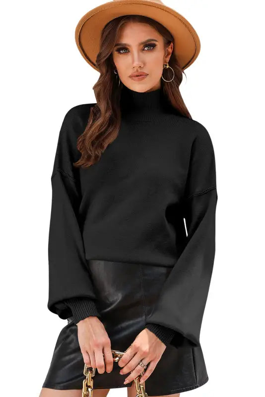 Black turtleneck drop shoulder bubble sleeve knit sweater - sweaters & cardigans