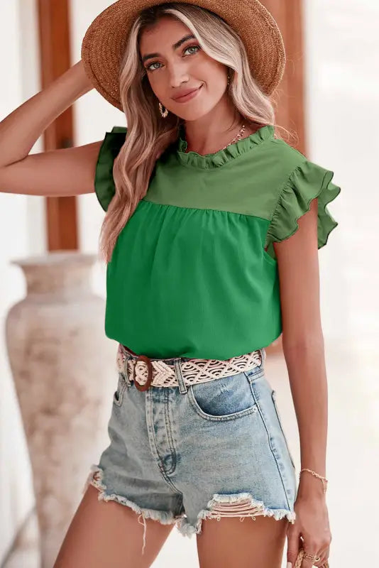 Two tone blouse - ruffled flutter sleeve - tops/blouses & shirts