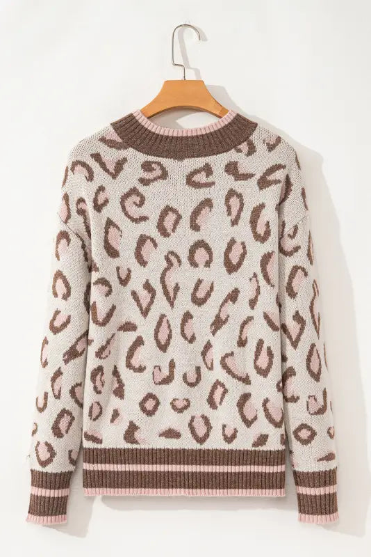 Brown two - tone ribbed trim contrast leopard sweater - new