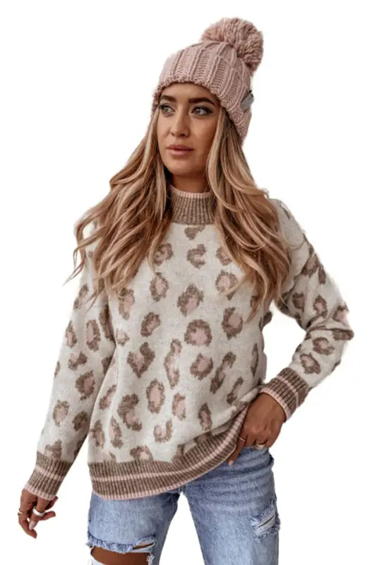 Brown two - tone ribbed trim contrast leopard sweater - new