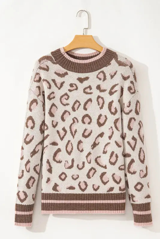 Brown two - tone ribbed trim contrast leopard sweater - new