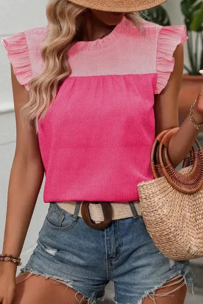 Two Tone Ruffled Flutter Sleeve Blouse - Fashionfitz