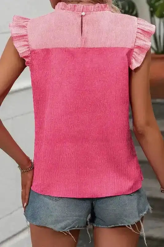 Two Tone Ruffled Flutter Sleeve Blouse - Fashionfitz