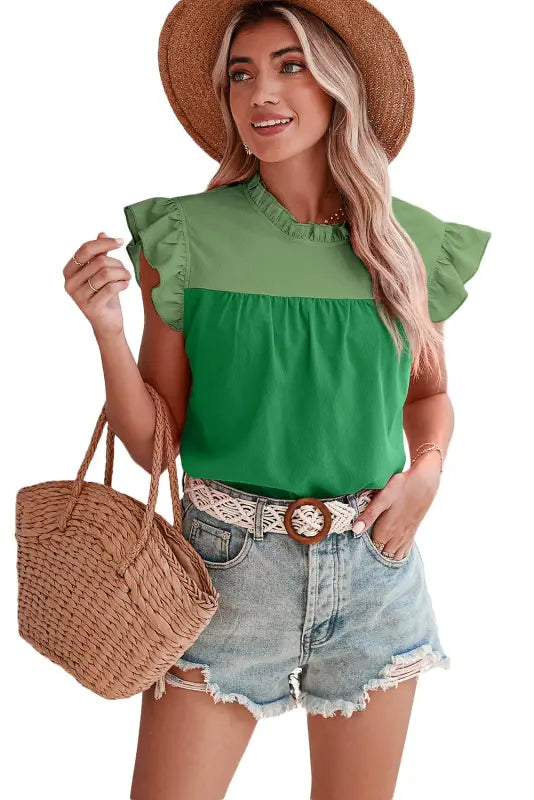 Two tone ruffled flutter sleeve blouse - tops/blouses & shirts