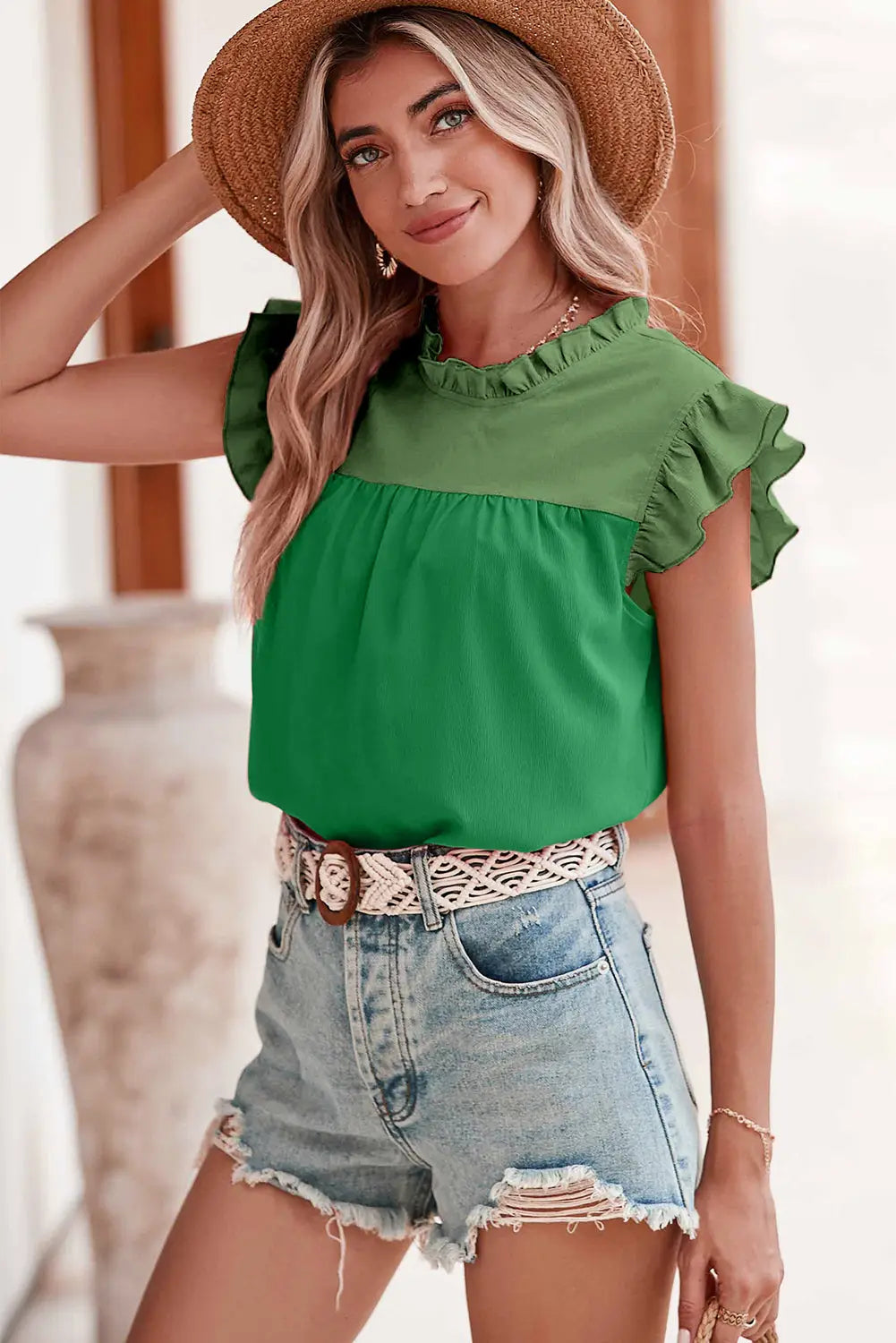 Two tone ruffled flutter sleeve blouse - tops/blouses & shirts