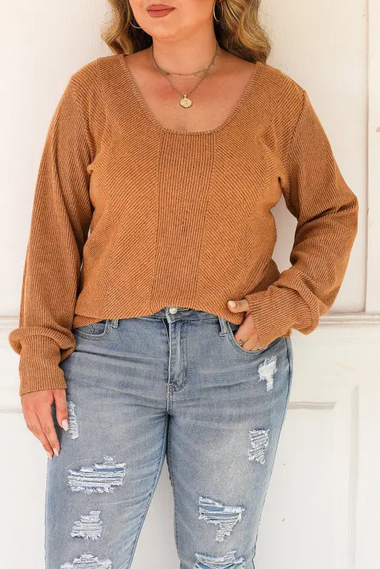 U neck textured long sleeve top - tops