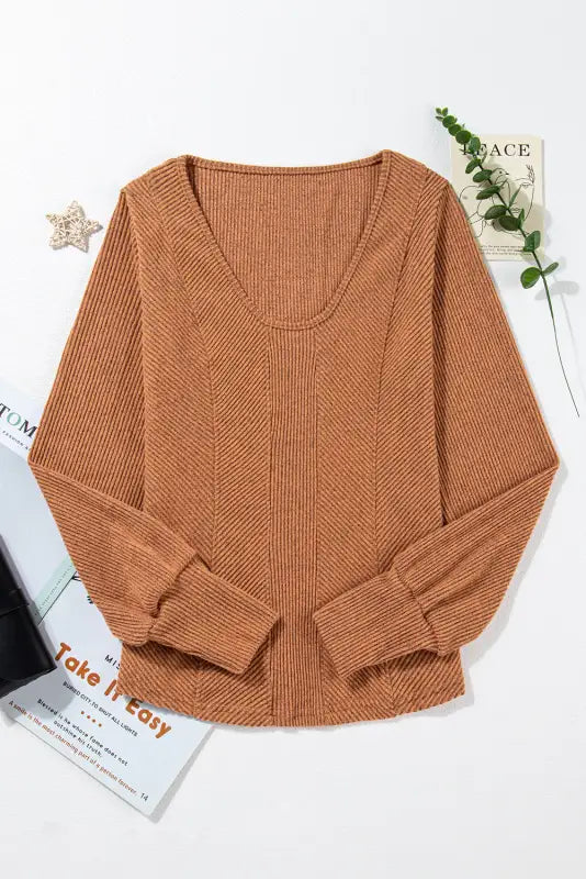 U neck textured long sleeve top - tops