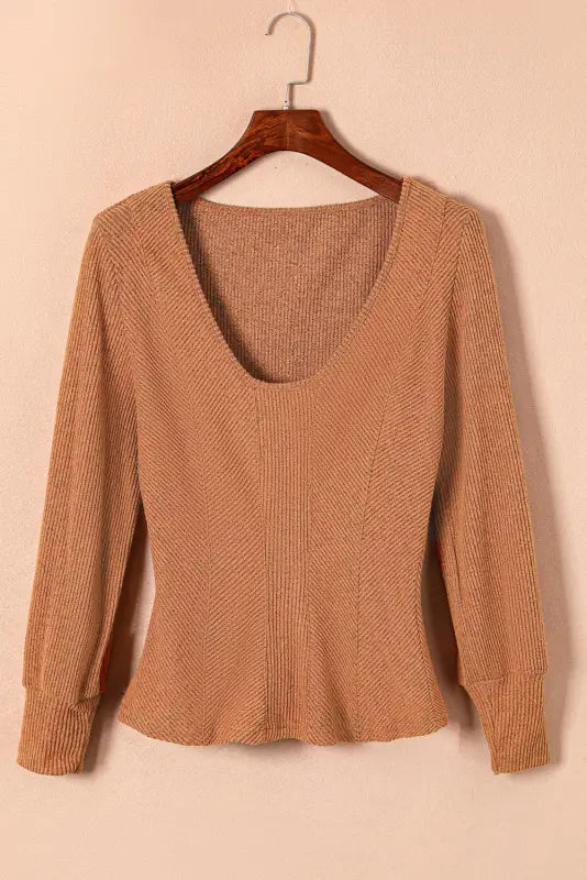 U neck textured long sleeve top - tops