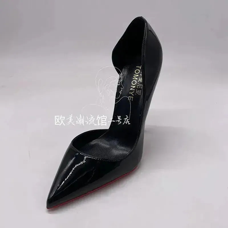 Black ultra thin 12cm heel pump from above angle showing pointed toe Fashionfitz UK