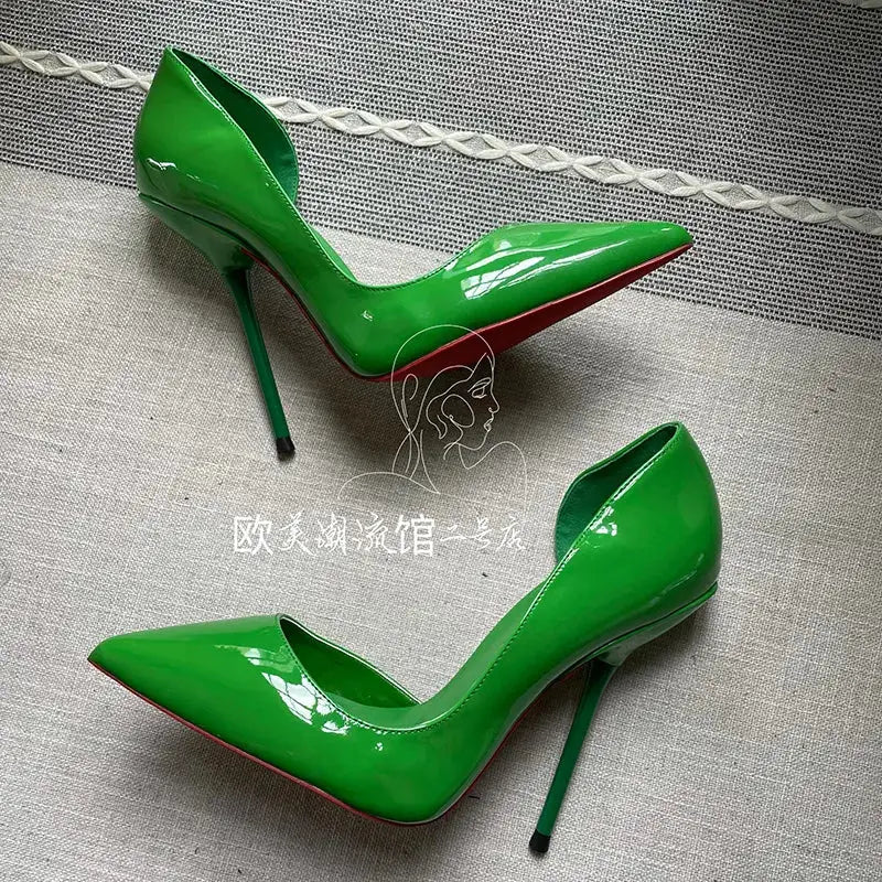 Ultra thin 12cm heel lady shoes pumps - green / 35