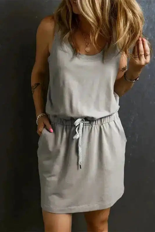 Solid colour sleeveless drawstring everyday mini dress front view — Fashionfitz UK