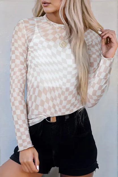 Urban grid mesh top – bold modern checkered elegance