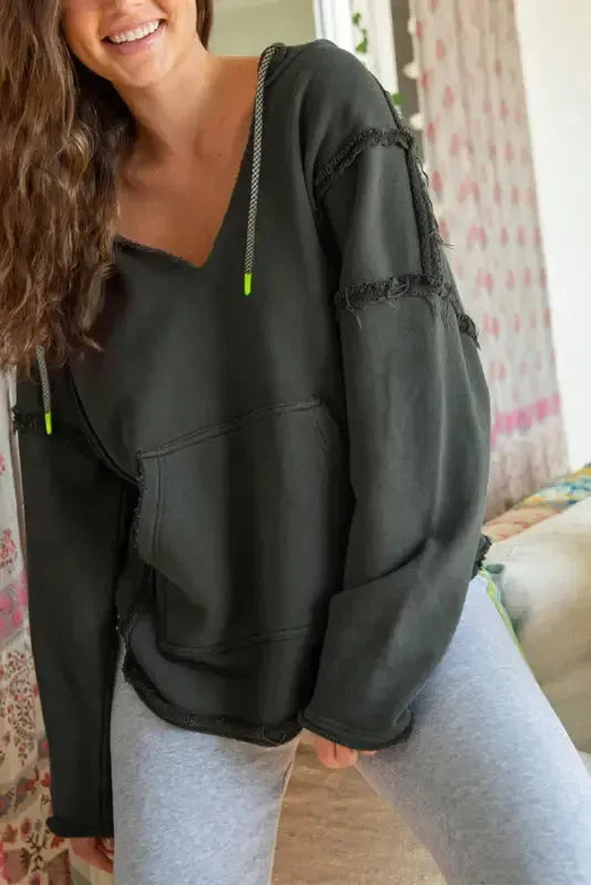 Urban Seam Raw Edge Hoodie with Pockets - Fashionfitz