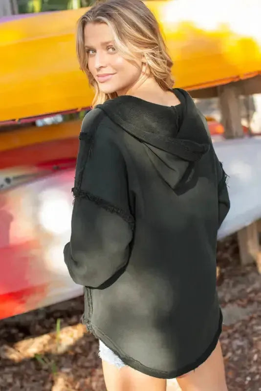 Urban Seam Raw Edge Hoodie with Pockets - Fashionfitz
