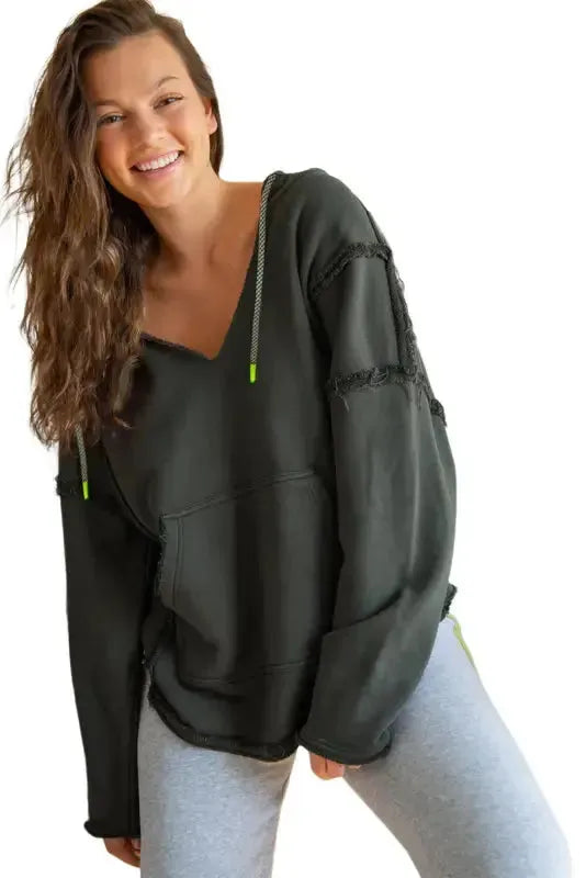 Urban Seam Raw Edge Hoodie with Pockets - Fashionfitz