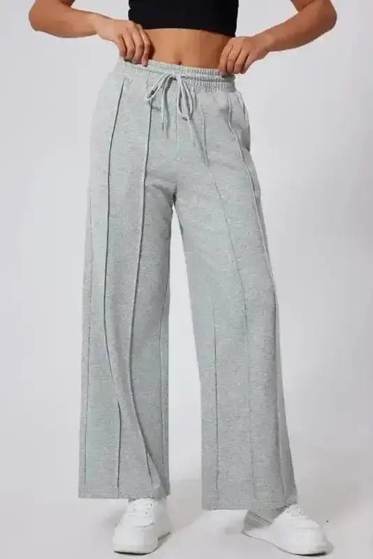 Gray wide leg high waist drawstring joggers front view — Fashionfitz UK