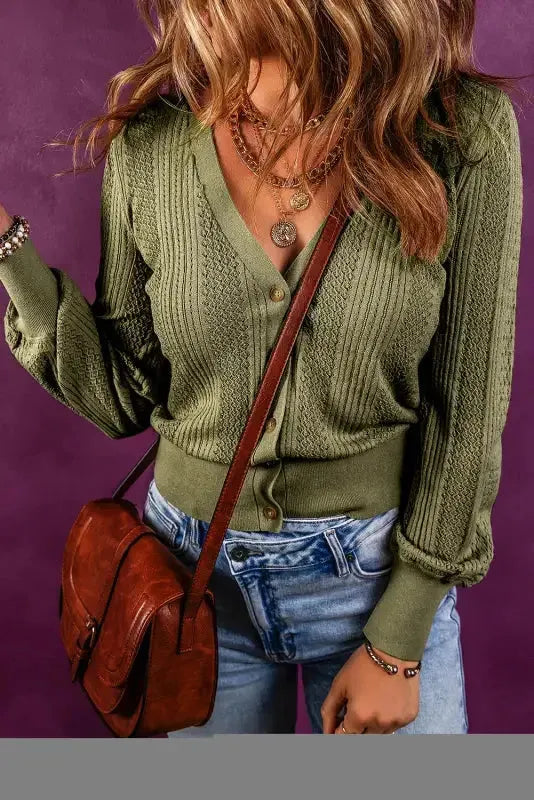 V Neck Buttoned Textured Sweater Cardigan - Fashionfitz