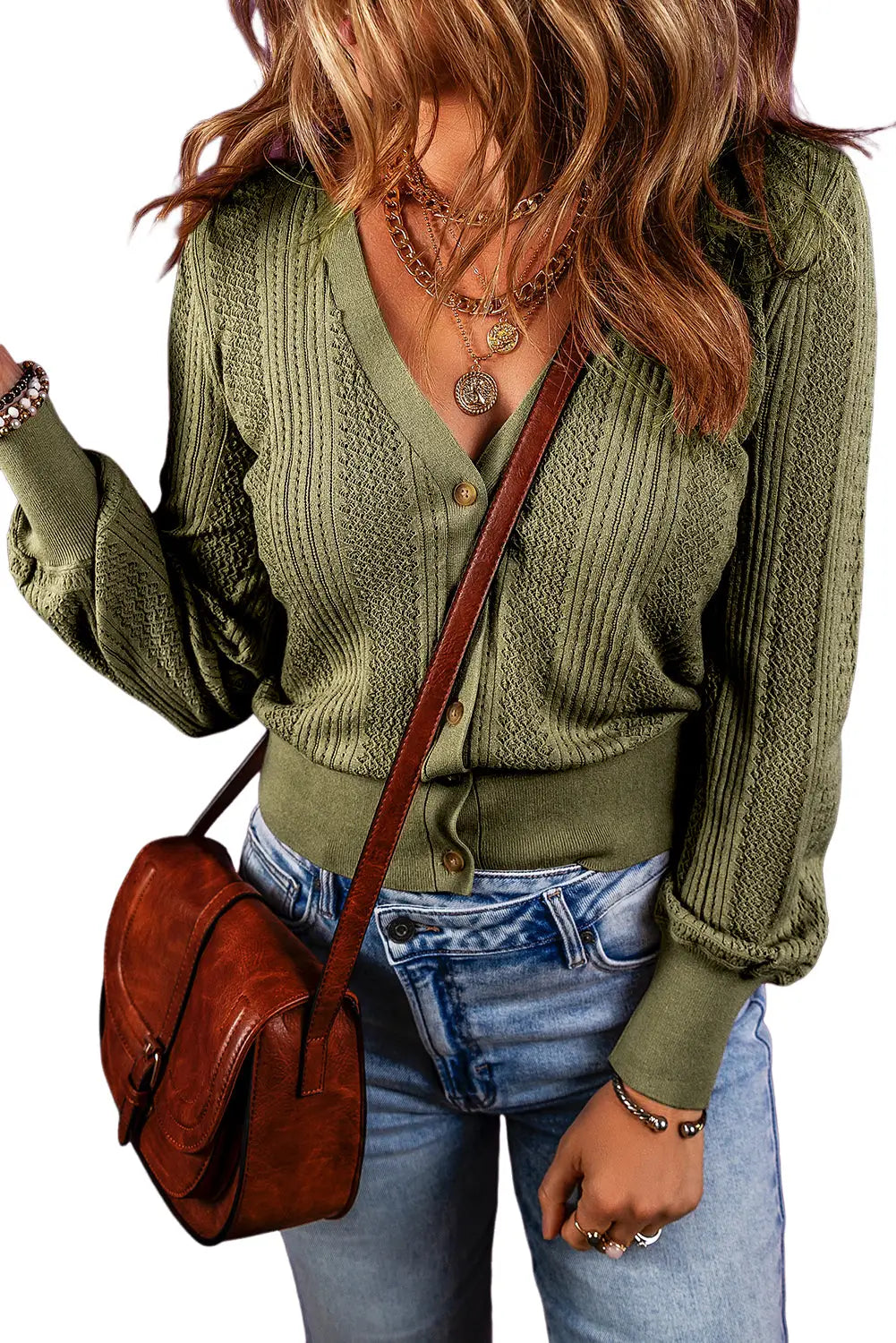 V neck buttoned textured sweater cardigan - sweaters & cardigans
