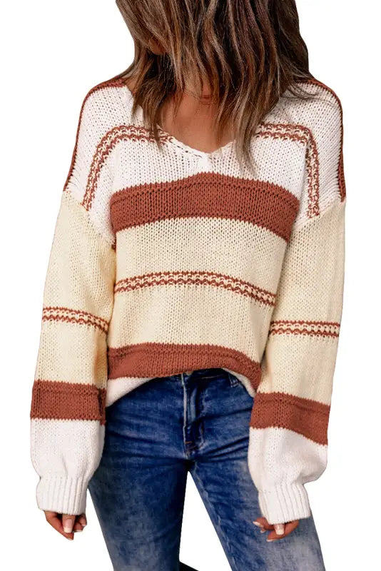 V-neck knitted lantern sleeve pullover sweater - sweaters & cardigans