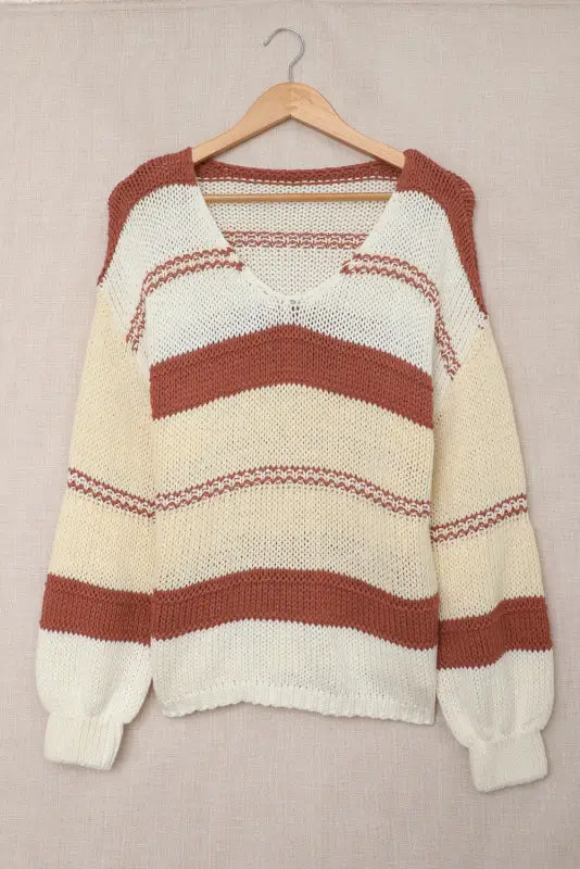 V-neck knitted lantern sleeve pullover sweater - sweaters & cardigans