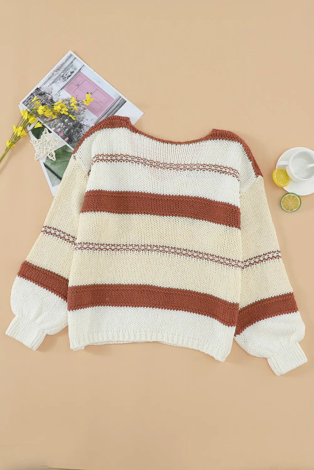 V-neck knitted lantern sleeve pullover sweater - sweaters & cardigans