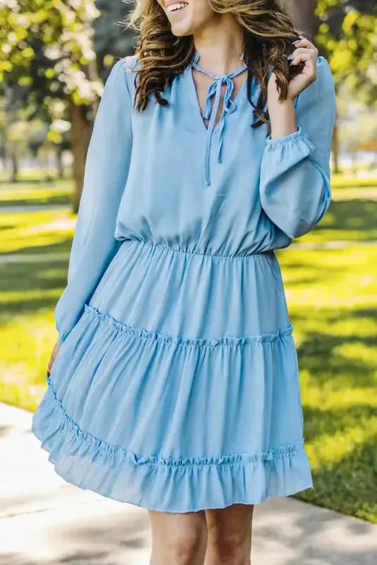 V Neck Long Sleeve Ruffle Tiered Mini Dress - Fashionfitz