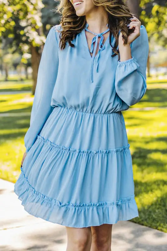 V neck long sleeve ruffle tiered mini dress - sky blue / s / 100% polyester - dresses