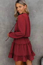 V Neck Long Sleeve Ruffle Tiered Mini Dress - Fashionfitz